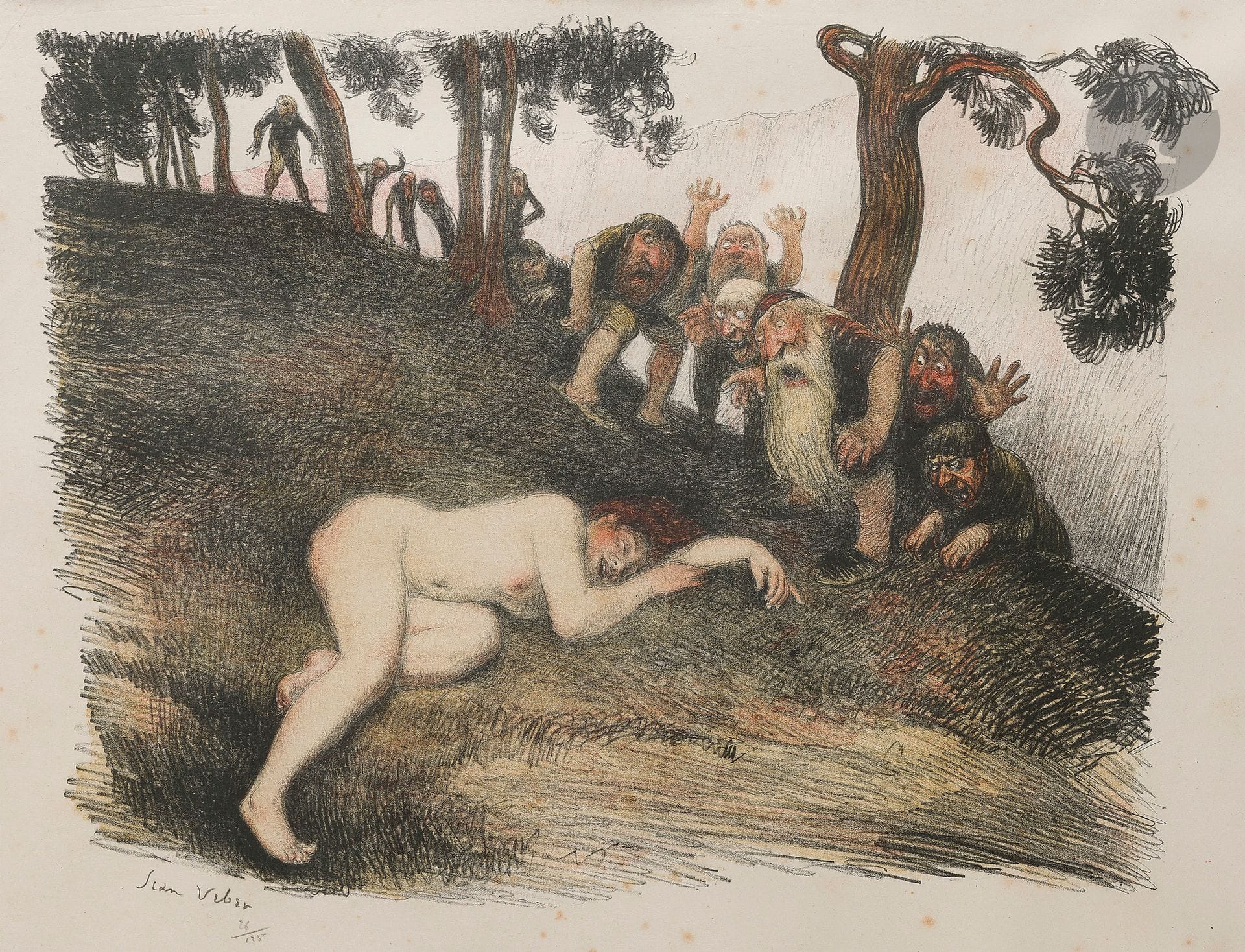 Jean Veber (1864-1928)
The Monster. 1907. Lithograph. 380 x 293. Veber and Lacroix 51. Color print. Fine proof on japon, signed and numbered in pencil. Scattered light foxing. Fine fold broken in the lower left corner of the subject. Margins. Edition of 125 proofs. Framed.