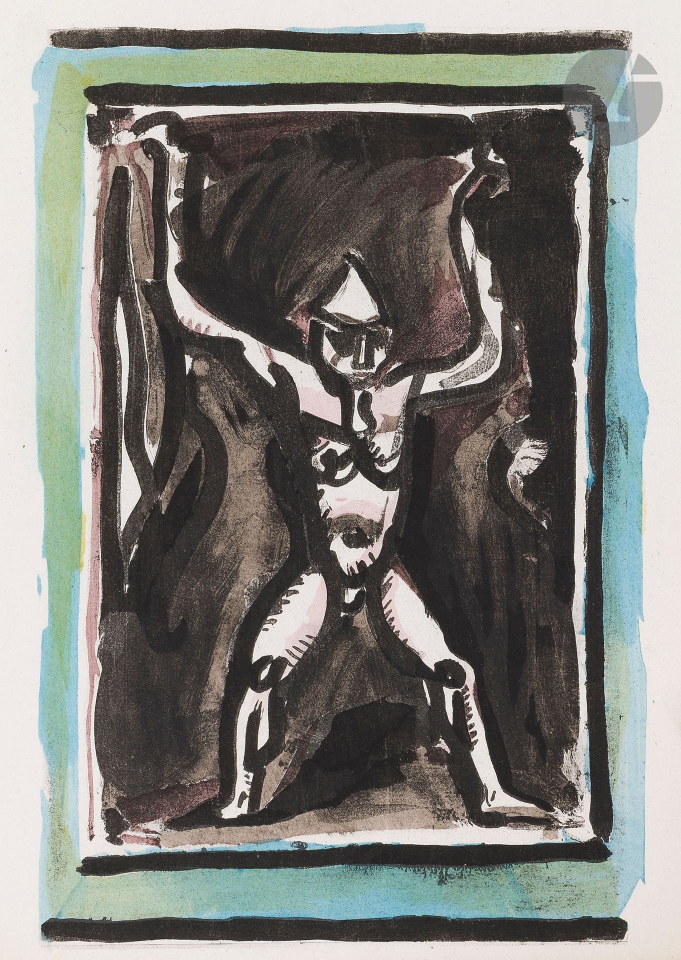 Georges Rouault (1871-1958)
Church (Henry). Les Clowns. Paris, Éditions des deux amis, 1922. Un vol. petit in-8 [144 x 190], broché, illustré de 3 dessins hors-texte reproduits en phototypie et coloriés au patron par D. Jacomet. Traces claires d’oxydation, notamment au faux-titre. L’un des 240 exemplaires ordinaires, numéroté. Couverture illustrée rempliée.
(Il s’agit du tout premier livre illustré de Rouault).