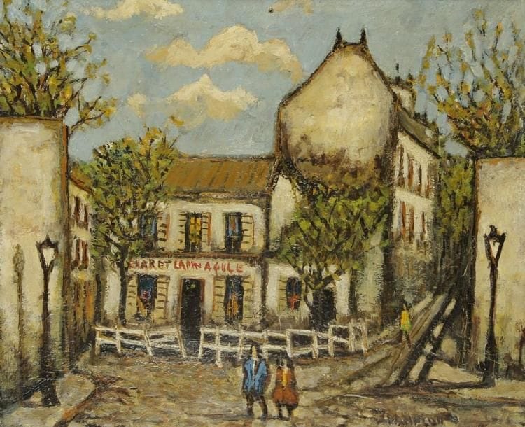 J. DANFLOU (XXe siècle)
Le Lapin Agile Huile sur toile. Signée en bas à droite. (Petit manque). H: 46 x L: 55 cm