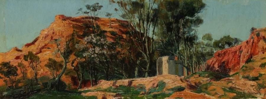 Alexis DELAHOGUE (1867-1950)
Paysage d'Afrique du Nord Huile sur panneau. Signée en bas à droite. H: 17,50 x L: 45,50 cm