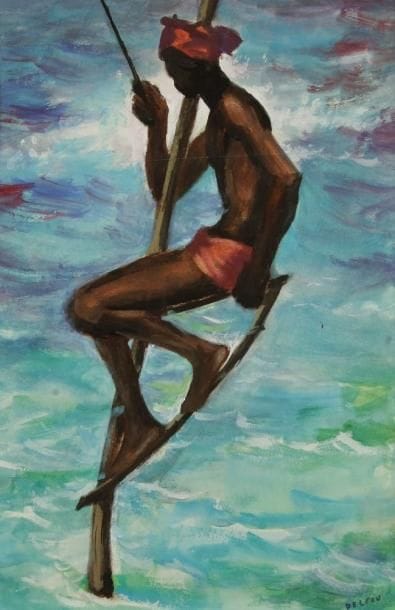 Louis DELFAU (1871-1937)
Pêcheur africain Gouache. Signée en bas à droite. H: 35,50 x L: 23,50 cm