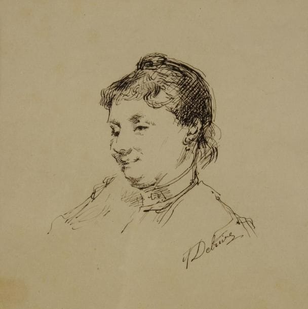 DELRIVE (XXe siècle)
Portrait de femme Encre. Signée en bas à droite. H: 10,50 x L: 10,50 cm