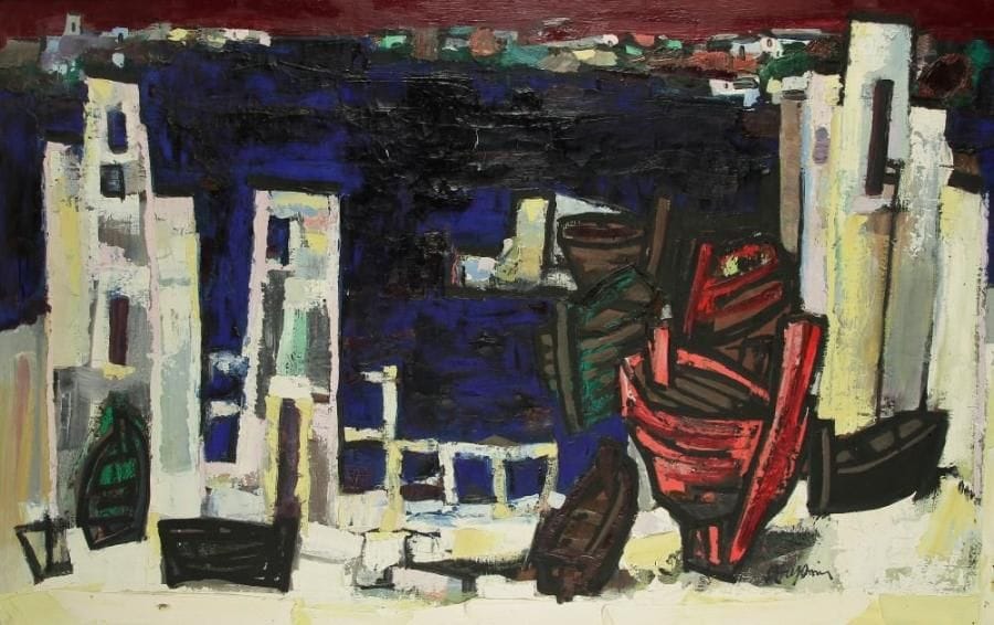 JEAN-CLAUDE DRAGOMIR (1931-1965)
Port de méditerranée Huile sur toile. Signée en bas à droite. (Craquelures et soulèvements). H: 81 x L: 131 cm