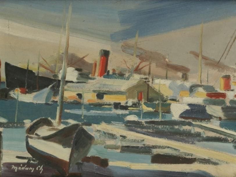 Ecole Moderne
Paquebots au port Huile sur carton. Signée en bas à gauche. H: 26,50 x L: 34,50 cm
