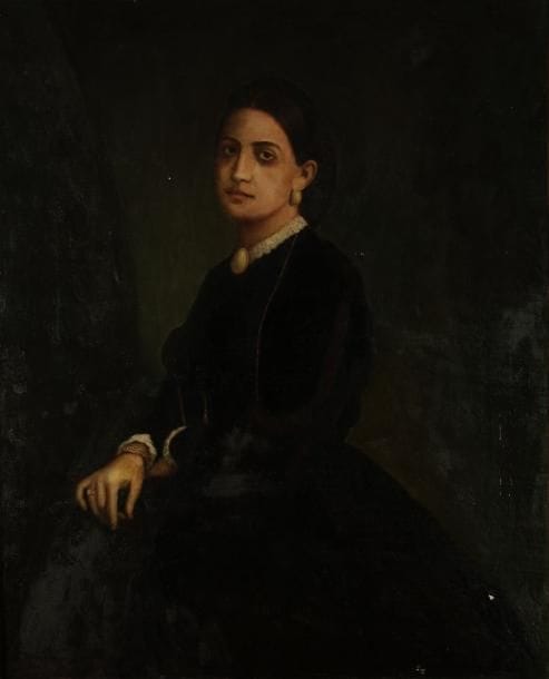 Ecole Moderne
Portrait de jeune femme au médaillon Huile sur toile. (Accidents et manques). H: 81 x L: 100 cm
