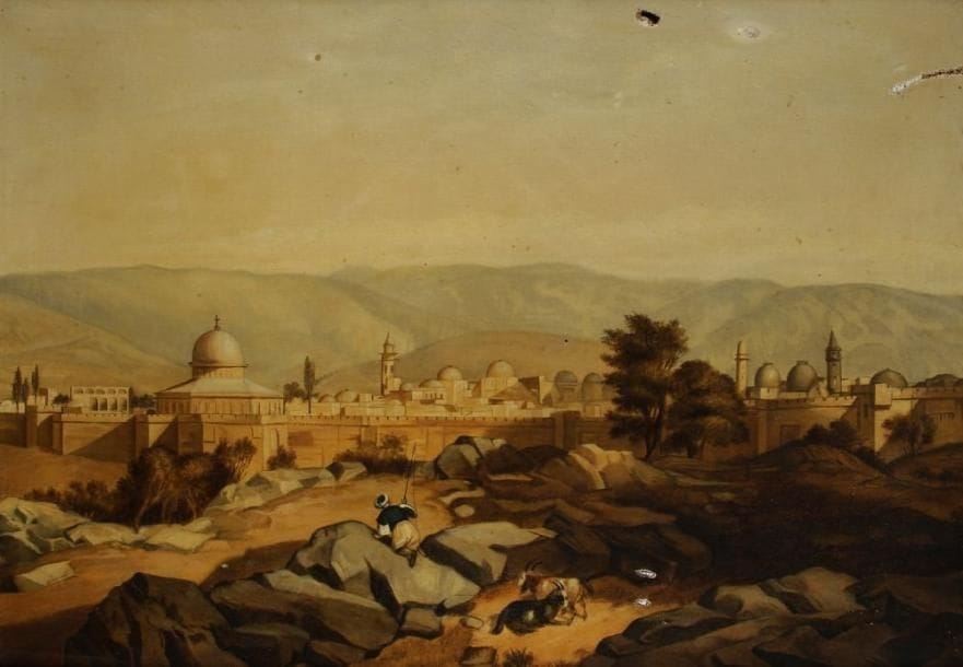 Ecole Orientaliste
Berger et ville fortifiée sur fond montagneux Huile sur toile. Non signée. (Accidents). H: 46 x L: 65 cm