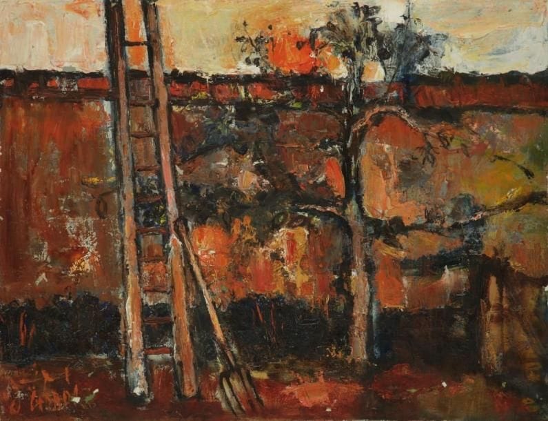 Jean-Marie GOBIN (né en 1930)
L'Arbre et l'échelle, 1961 Huile sur toile. Signée et datée en bas à gauche. (Petits manques). H: 65 x L: 50 cm