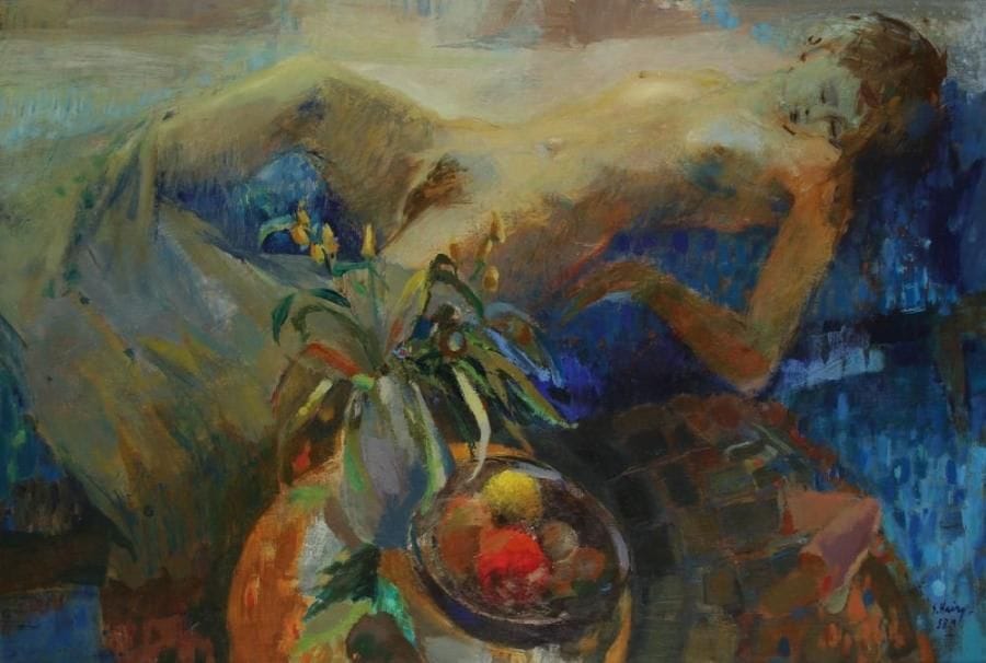 Sylvain HAIRY
Femme nue à la corbeille de fruits, 1958 Huile sur toile. Signée et datée en bas à droite. Contresignée au dos sur la toile. H: 81 x L: 116 cm