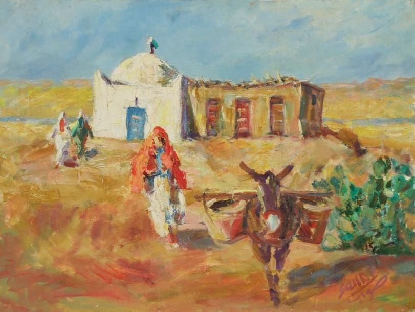 Souab HASSAN [marocain] (né en 1954)
La Femme et son âne Technique mixte sur toile. Signée en bas à droite. H: 50 x L: 67 cm Commentaire: Un certificat de l'artiste sera remis à l'acquéreur
