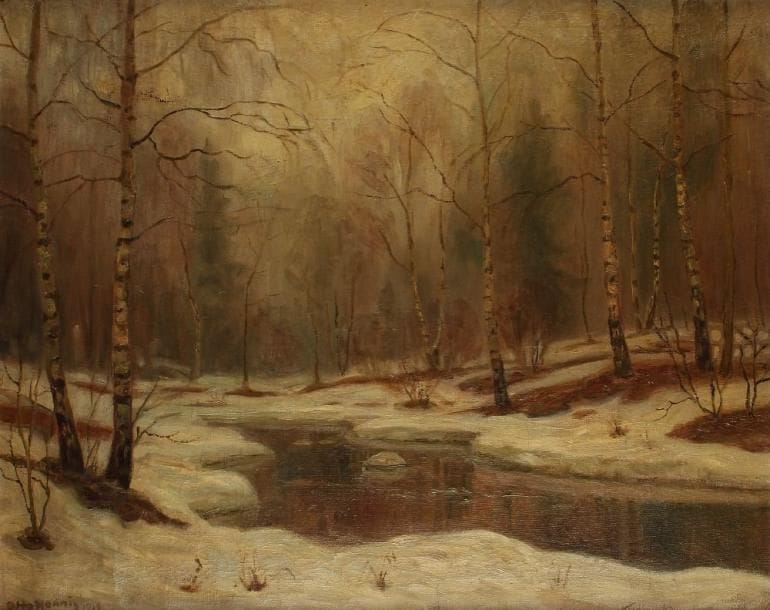 Otto HENNIG [norvégien] (1871-1920)
Sous-bois enneigé, 1919 Huile sur toile. Signée et datée en bas à gauche. 69 x 86 cm