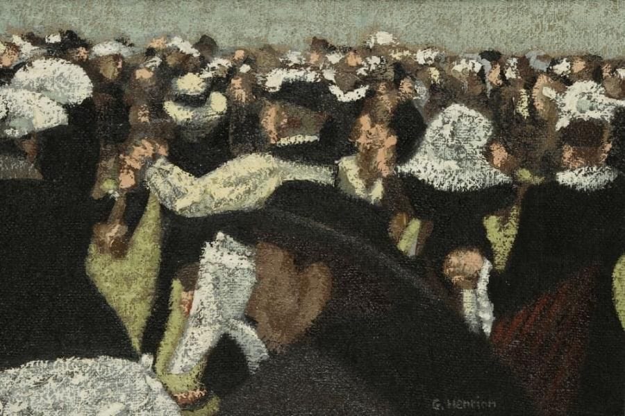 Guénaël HENRION (XXe siècle)
Fête bretonne Huile sur toile. Signée en bas à droite. Signée et titrée au dos. H: 38 x L: 55 cm