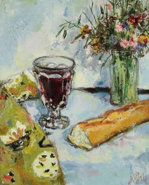 Guily JOFFRIN (1909-2007)
Nature morte au pain Huile sur toile. Signée en bas à droite. Signée et titrée au dos. H: 55 x L: 46 cm