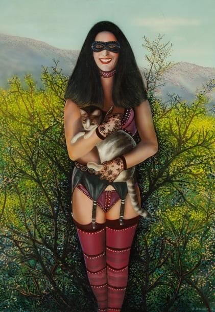 Gérard BAUER (Né en 1947)
Femme au chat, 1980 Acrylique sur toile. Signée en bas à droite. Signée et datée au dos. H: 65 x L: 46 cm