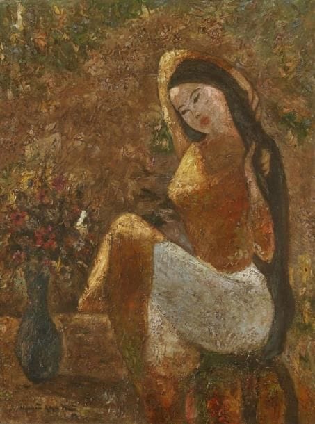 Khoa Thoan NGUYEN (1899-1965)
Jeune femme au vase de fleurs, 1991 Huile sur toile. Signée et datée en bas à gauche. H: 60 x L: 80 cm