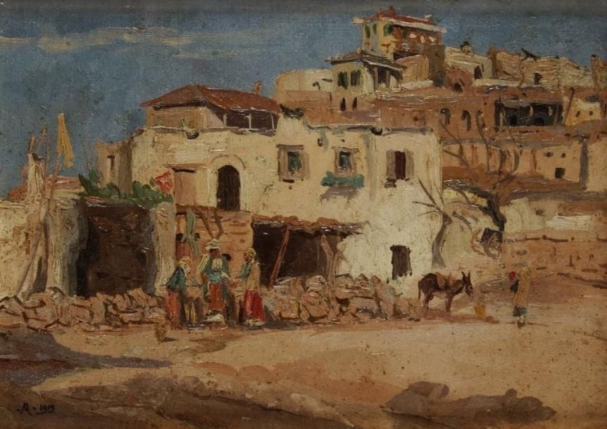 Ecole Orientaliste
Village animé, 1919 Huile sur toile. Monogrammée M et datée en bas à gauche. H: 19 x L: 26 cm