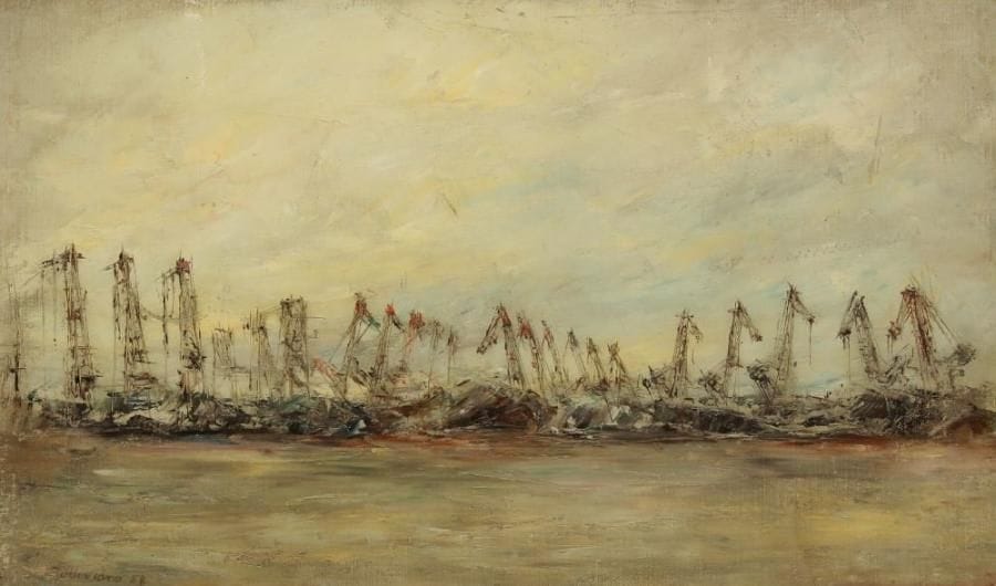 Jack OTTAVIANO (1924-1988)
Les Grues, 1958 Huile sur toile. Signée et datée en bas à gauche. (Petits manques). H: 33,50 x L: 55 cm