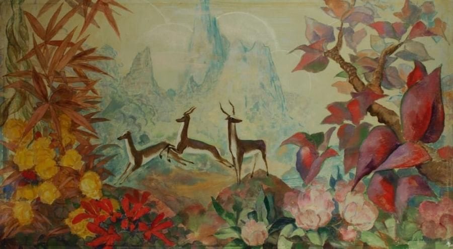 Michel PELLETAN (XXe siècle)
Paysage aux gazelles, 1939 Huile sur panneau. Signée et datée en bas à droite. (Petits accidents). H: 80 x L: 150 cm