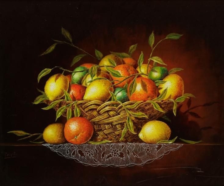 Jean-Michel PERETTI (né en 1951)
Fruits du soleil et corbeille Acrylique sur toile. Signée en bas à gauche. Signée et titrée au dos. H: 46 x L: 55 cm