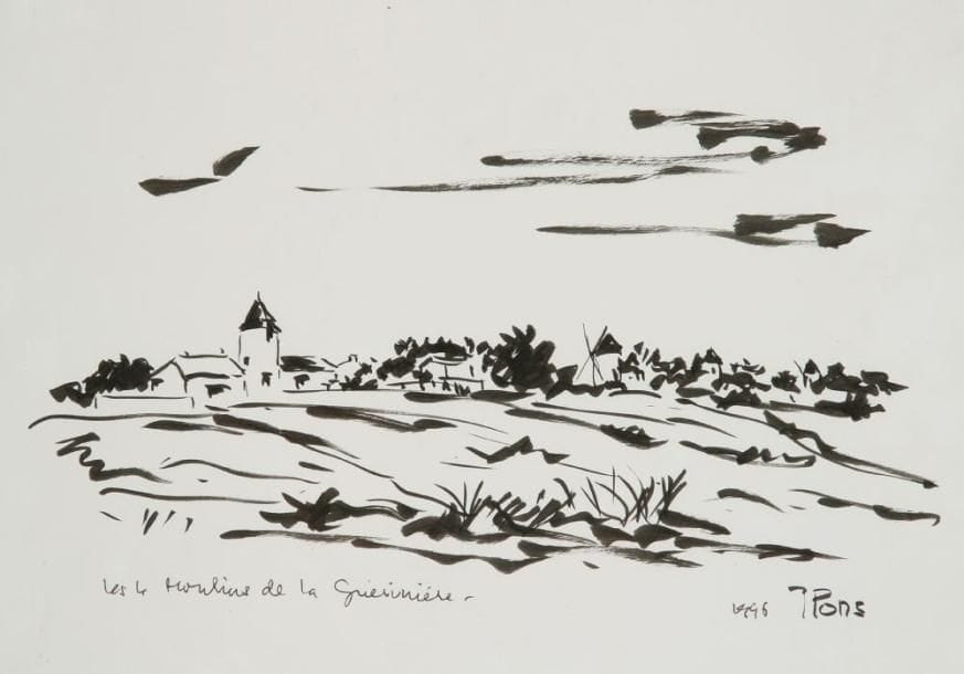 Jean PONS (1913-2005)
Les Quatre moulins de la Guerinière, 1996 Encre. Signée et datée en bas à droite. H: 21 x L: 29,50 cm
