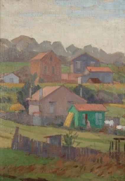 Basile POUSTOCHKINE (1893-1973)
Le Village, 1920 Huile sur carton toilé. Signée et datée en bas à droite. H: 31 x L: 23 cm