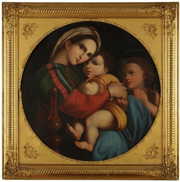 D'APRÈS RAPHAËL
Sainte famille en tondo, 1856 Huile sur toile. Signée et datée en bas à droite. (Petit trou en bas à droite). H: 77 x L: 77 cm