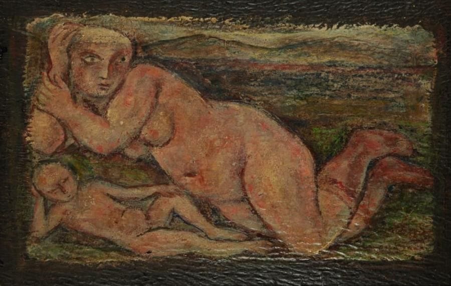 Emanuel Glicen ROMANO [américain] (1897-1984)
Femme à l'enfant Huile sur linoléum. Signée en bas à droite. (Petits accidents). H: 36 x L: 55 cm