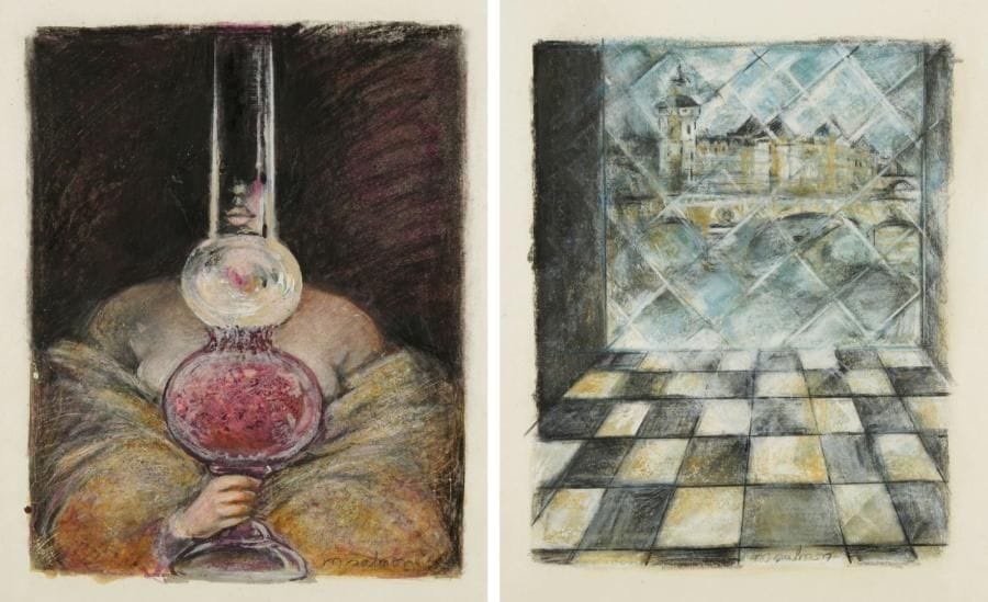 Michèle SALMON (née en 1946)
Château - La Lampe à pétrole Deux crayons gras. Signés en bas à droite. 43 x 33 cm chaque