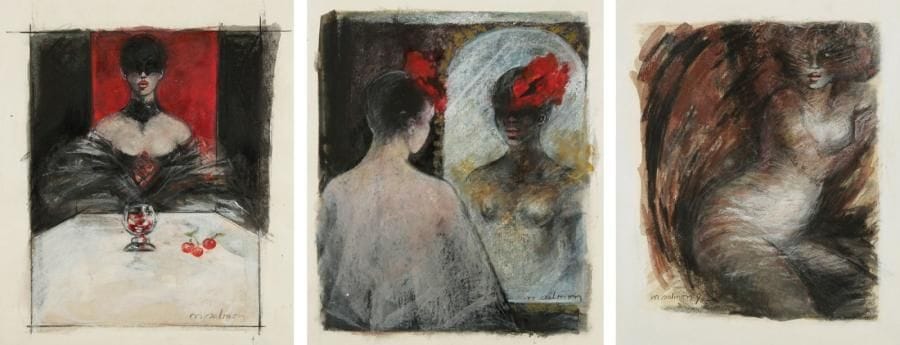 Michèle SALMON (née en 1946)
Femme chat - Femme masquée - Femme au miroir, 1990 Trois gouaches et pastels. Signées et l'une datée. 43 x 33 cm chaque
