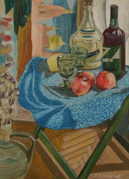 Vladimir SOKOLOV (né en 1940)
Sur une nappe bleue Gouache. Signée en bas à droite. Signée et titrée en russe au dos. H: 63 x L: 46 cm