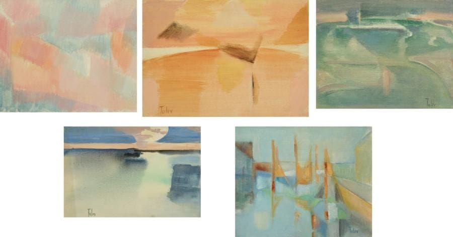 Jeanne Ravel dite TOLEV
Port en Bessin - Au delà de l'horizon - Au delà de ce qui est - sans titre (2) 5 huiles sur toile. 4 signées. 22 x 27 cm - 18 x 24 cm - 19 x 24 cm - 16 x 24 cm - 27 x 22 cm