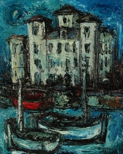 Maurice VERDIER (né en 1919)
Port de Saint-Jean-de-Luz, 1965 Huile sur toile. Signée et datée en bas à droite. Signée, datée et titrée au dos. H: 62 x L: 50 cm