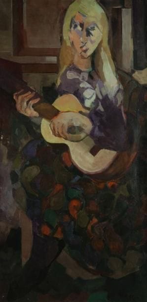 MACARIO VITALIS (1898-1990)
Jeune guitariste Huile sur toile. Signée en bas à droite. (Petits manques). H: 100 x L: 50 cm