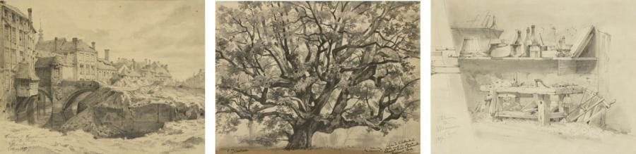 F. BEAULIEU
Paysage (Fontainebleau) - Vue de ville (Bruxelles, Chartres) Ensemble de 10 dessins au crayon. Certains signés et titrés. Formats divers
