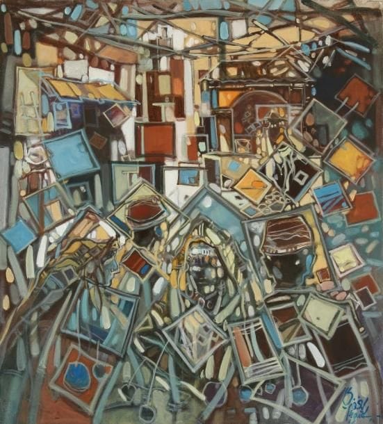 Saïd YAGHFOURI [marocain] (né en 1965)
Guerab (le porteur d'eau), 2012 Acrylique sur toile. Signée et datée en bas à droite. Titrée et datée au dos. H: 75 x L: 67 cm Commentaire: Un certificat de l'artiste sera remis à l'acquéreur