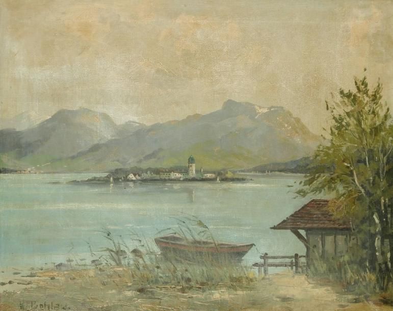 Werner BEHLAU
Fraueninsel à Chiemsee Huile sur toile. Signée en bas à gauche. Signée et titrée au dos. (Petits manques). H: 40 x L: 50 cm