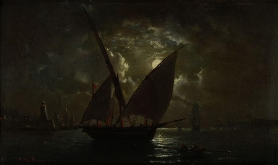 Tony-François de BERGUE (1820-1890)
Voilier à l'entrée du port au clair de lune Huile sur panneau. Signée en bas à gauche en rouge. (Petites restaurations et panneau légèrement voilé. Manque de stuc au cadre). H: 22,50 x L: 36,50 cm