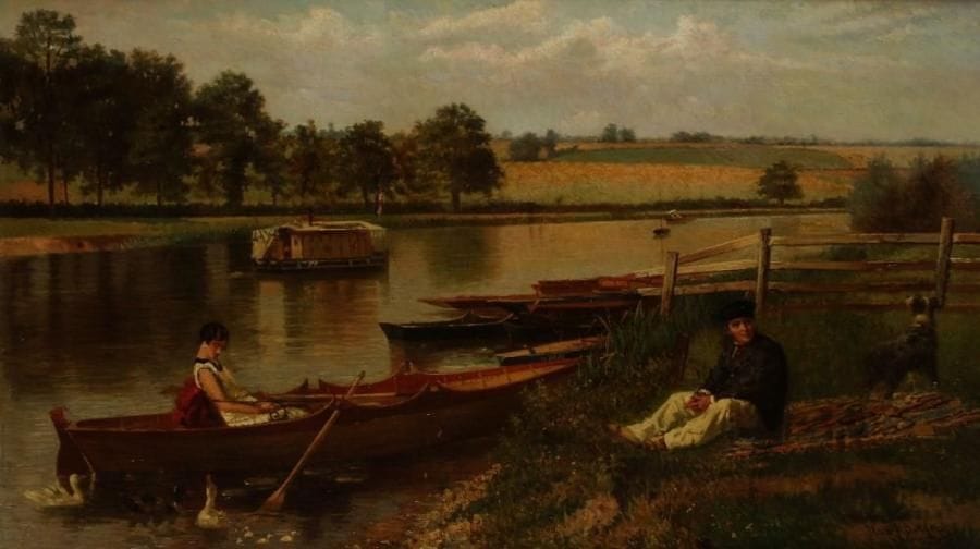 Hendrieus-Jacobus BURGERS (1834-1899)
Repos en bord de Seine Huile sur toile. Signée en bas à droite. (Rentoilage). H: 70 x L: 123 cm Provenance: Ancienne collection du professeur F. Gorissen. Vente Sotheby's Amsterdam, 1994