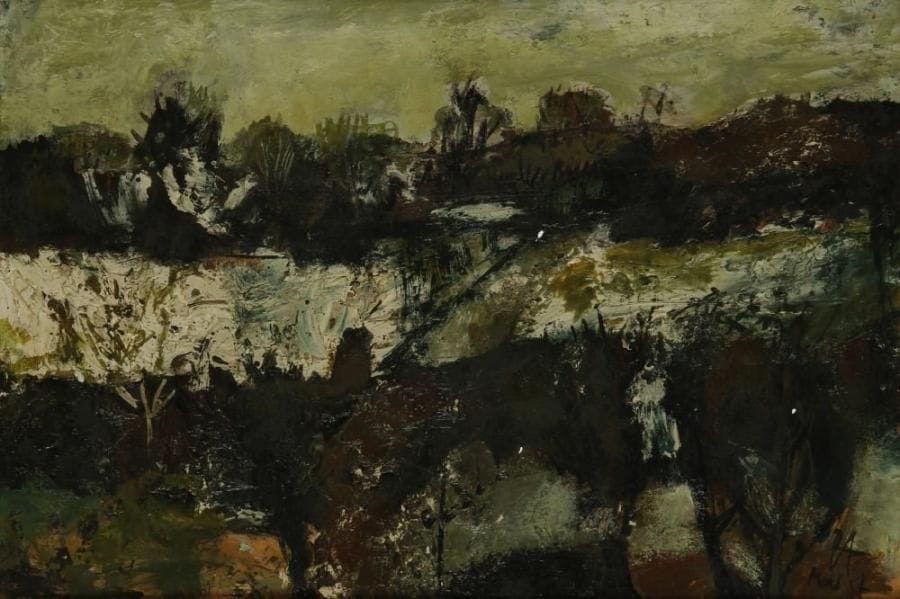 ÉCOLE FRANÇAISE DES ANNÉES 50
Paysage sous la neige, 1957 Huile sur papier marouflé sur isorel. Monogrammée et datée mars 1957 en bas à droite. H: 32 x L: 46 cm