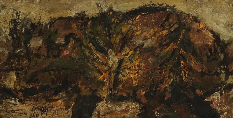 ÉCOLE FRANÇAISE DES ANNÉES 50
Paysage de montagne, 1956 Huile sur papier marouflé sur isorel. Monogrammée et datée août 1956 en bas à gauche. H: 16 x L: 30 cm