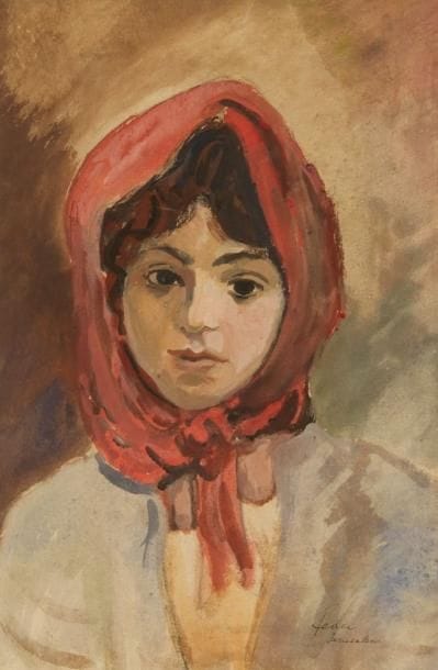 Adolphe FEDER (1886-1945)
Jeune fille au foulard rouge Aquarelle et gouache. Signée et située Jérusalem en bas à droite. H: 40 x L: 27,5 cm