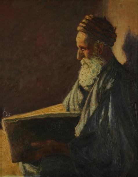 SFORZA (XXe siècle)
Vieux juif lisant Huile sur panneau. Signée et datée en bas à droite. H:93 x L: 74 cm