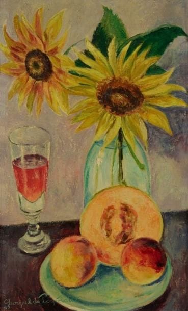 Georges de POGEDAIEFF (1894-1971)
Tournesols, 1966 Huile sur isorel. Signée et datée en bas à gauche. Titrée au dos sur une étiquette à l'entête de l'artiste. H: 60 x L: 38 cm