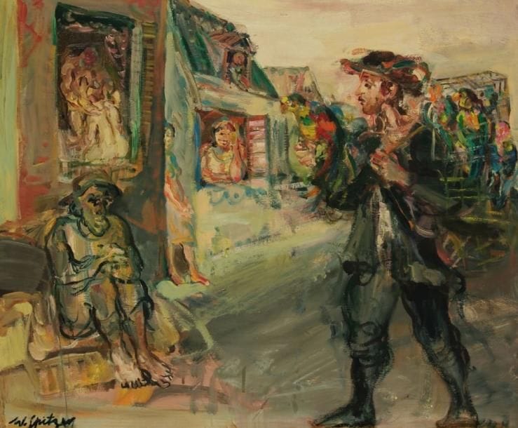 Walter SPITZER (né en 1927)
Le Colporteur aux perroquets Huile sur toile. Signée en bas à gauche. H: 54 x L: 65 cm