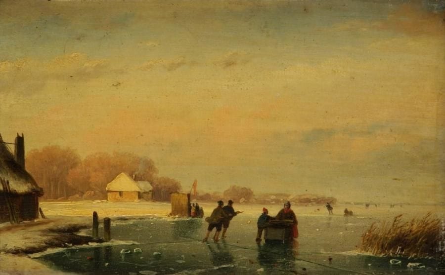 Nicolaas Johannes ROOSENBOOM [hollandais] (1805-1880)
Les Patineurs Huile sur panneau. Signée en bas à droite. (Petits manques). H: 16 x L: 25 cm
