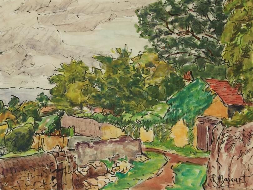 Paul MASCART (1874-1958)
Le Chemin en campagne Aquarelle et encre. Signée en bas à droite. H: 34 x L: 42 cm