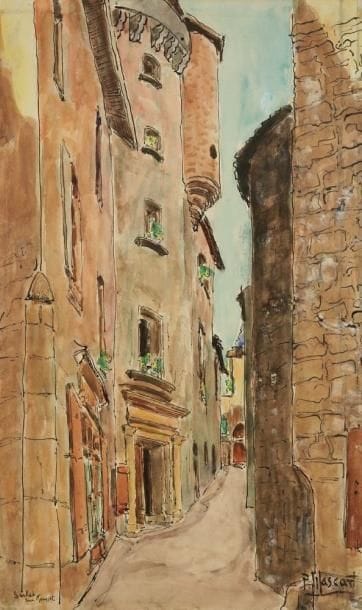 Paul MASCART (1874-1958)
Sarlat, rue Rousset Aquarelle et encre. Signée en bas à droite. H: 45 x L: 28 cm
