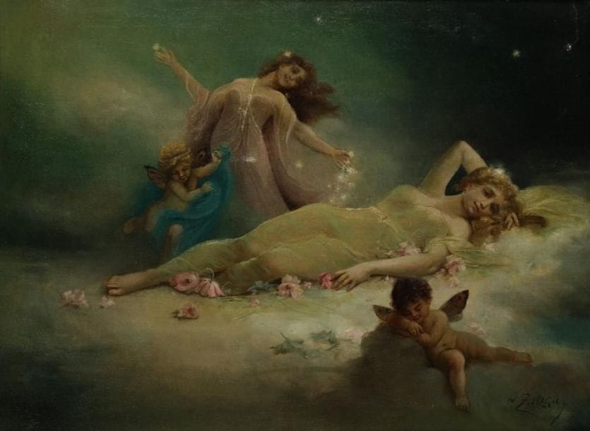 Hans ZATZKA (1859-1945)
Le Rêve Huile sur toile. Signée en bas à droite. (Petits accidents et restaurations). H: 59 x L: 80 cm