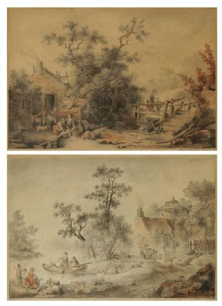 DUMESNIL (Actif au XVIIIe siècle)
Les Lavandières - Les Jeux sur une barque Crayon noir, sanguine et rehaut de craie blanche. Le premier est signé en bas à droite Dumesnil fecit. Le second porte une trace de signature en bas à droite. 19 x 30 cm chaque