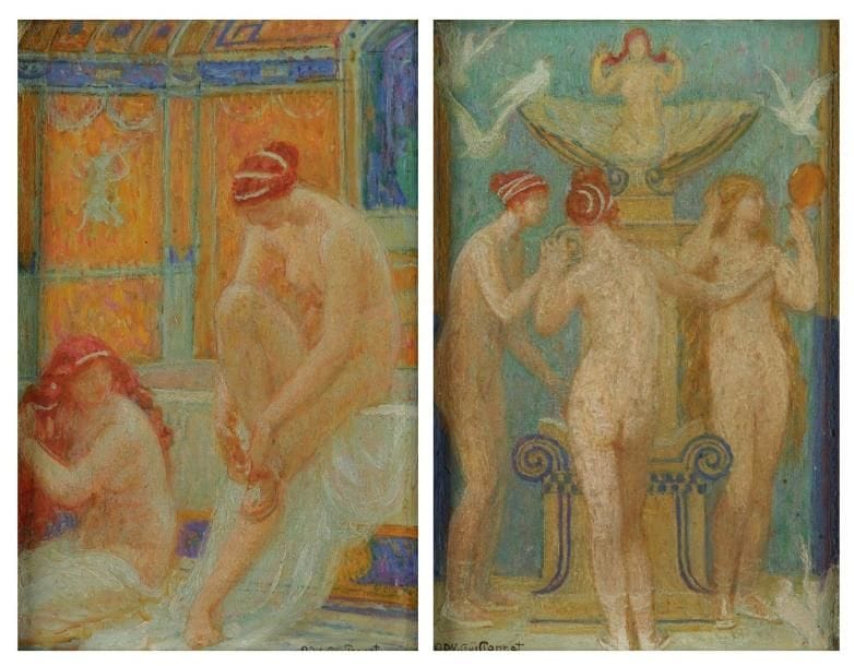 E.O.D.V. GUILLONET (1872-1967)
Femmes au bain - Femmes à la fontaine Paire d'huiles sur panneau. Signées. 10,5 x 16 cm chaque
