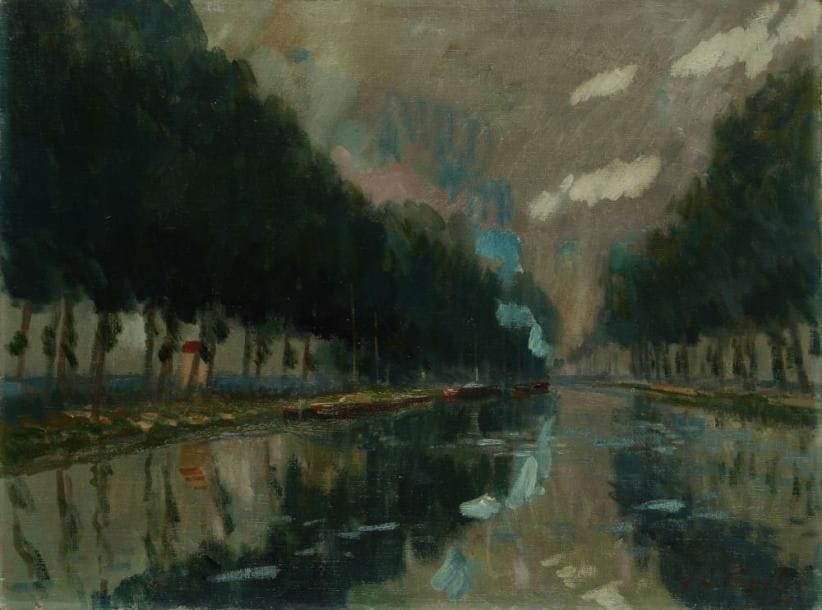 Elie Anatole PAVIL (1873-1944)
Canal de l'Ourcq au crépuscule Huile sur toile. Signée en bas à droite. (Craquelures). H: 46 x L: 61 cm